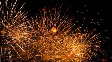 Tatil konsepti. Geceleri karanlık gökyüzünde renkli havai fişekler.