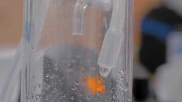 スローモーション:チューブから落下する液滴-コンパクトな液体注入システム:閉じる — ストック動画