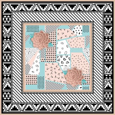 Soyut eşarp tasarımı şablon çizimi. Bir kare çerçevesinde tesettür deseni. Memphis tarzında tasarlandı. Zarif pembe ve mentollü kağıt rengi.