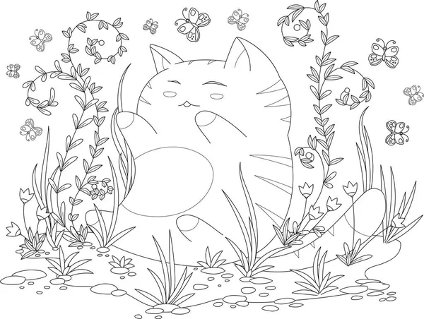 Zbarvení stránku knihy pro dospělé a děti. šťastné kotě s květy a listy — Stockový vektor