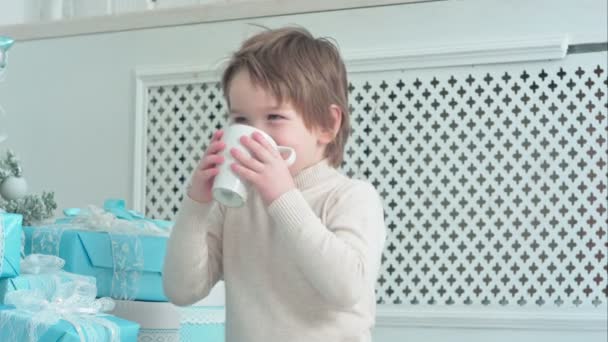 Улыбающийся мальчик в белом свитере пьет чай рядом с елкой — стоковое видео