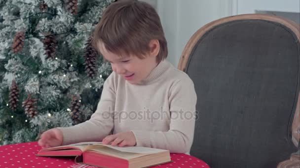 Niedlicher kleiner Junge, der die Pukturen im Buch betrachtet, sitzt auf einem Stuhl in der Nähe des Weihnachtsbaums — Stockvideo