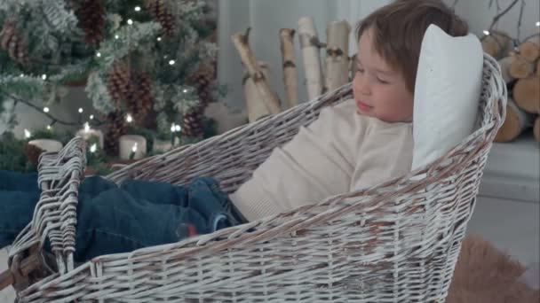 Liten pojke fredligt sovande i wicker sledge — Stockvideo