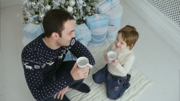 Happy father and his son with cups sitting near the Christmas tree and looking at the camera — Stock Video