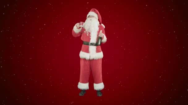 サンタ メリー クリスマスを希望し、赤の背景に雪でシャンパンを飲む — ストック動画