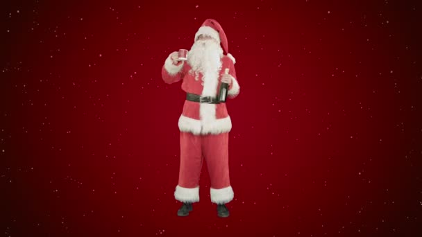 Babbo Natale augurando buon Natale e bere champagne su sfondo rosso con neve — Video Stock