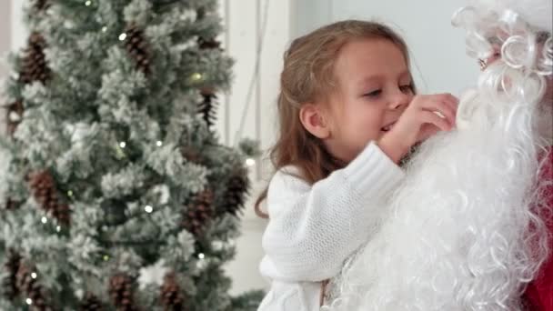 Überraschtes kleines Mädchen überprüft Weihnachtsmann-Bart — Stockvideo