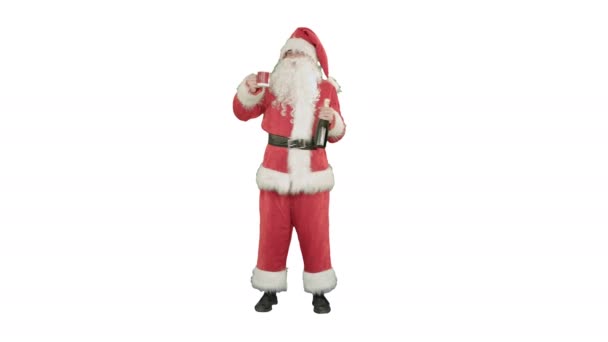 Babbo Natale che desiderano buon Natale e bere champagne su sfondo bianco — Video Stock