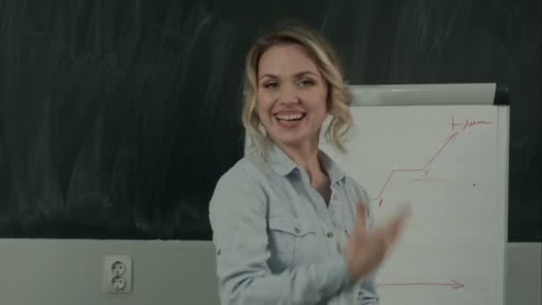 Attractive manager finishing her flipchart presentation with a funny dance — Stock Video