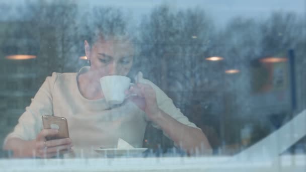 Mosolygó csinos nő, egy csésze tea textil smartphone egy kávézóban — Stock videók