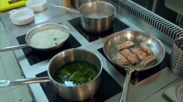 Chef male hands checking and tossing dishes being cooked — Stock Video