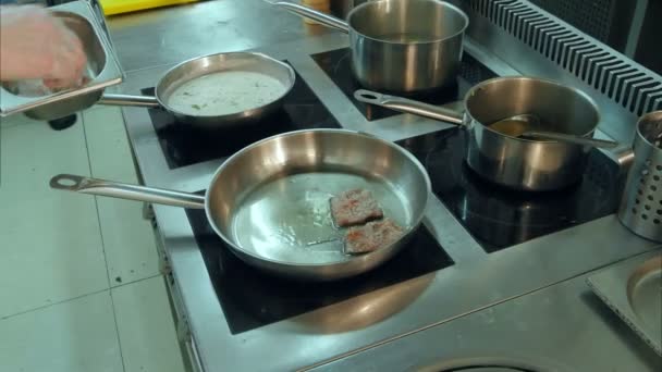 Chefs mãos pondo a carne em uma panela de ato de fritar — Vídeo de Stock