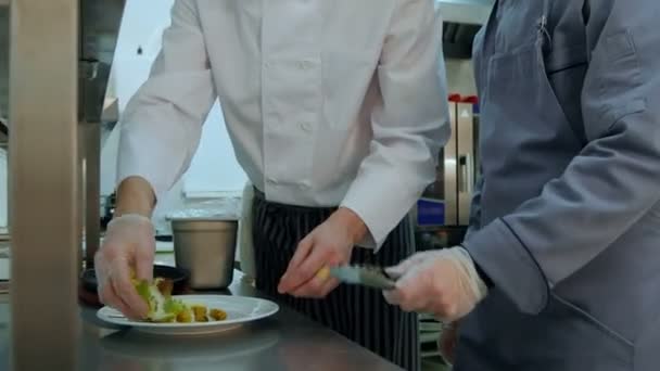 Head chef showing his assistant how to serve the salad — Stock Video