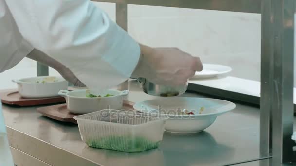Jefe añadiendo salsa y hierbas a los platos preparados — Vídeo de stock