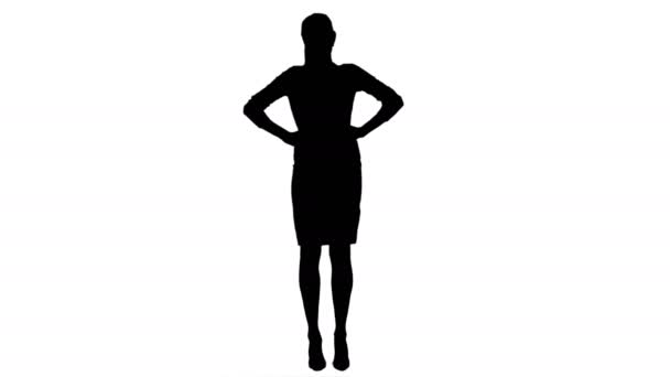 Силуэт Красивая деловая женщина стоит с руками на бедрах и улыбается в камеру. — стоковое видео
