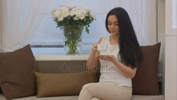 Young brunette sitting on sofa drinking tea from cup in a office — Stock Video