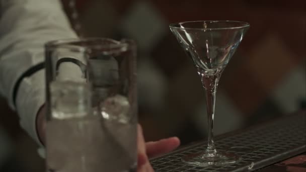 Barman scuote il ghiaccio con martini in vetro e lo versa nel bicchiere vuoto — Video Stock