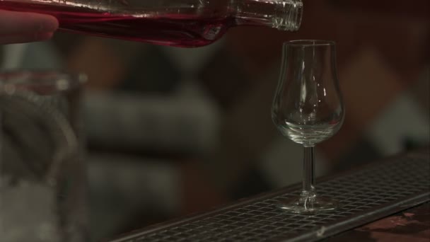 Bartender pouring red wine into a tall glass in a bar — Stock Video