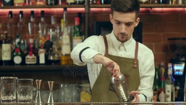 Barman profissional preparar bebida cocktail usando shaker — Vídeo de Stock