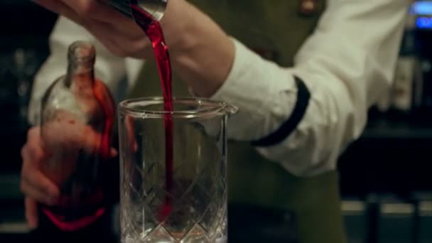 Hands of young bartender preparing one red cocktail with ice — Stock Video