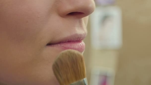 Vista lateral do artista profissional colocando pó no rosto com escova grande — Vídeo de Stock