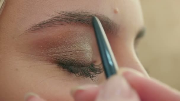 Makeup artist dipinge le sopracciglia, facendo la correzione del sopracciglio — Video Stock