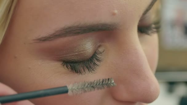 Professional make-up artist combing eyelashes of model — Stock Video