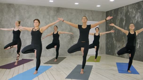 Clase de fitness e instructor de pie en la pose del árbol en el estudio de ejercicios — Vídeos de Stock