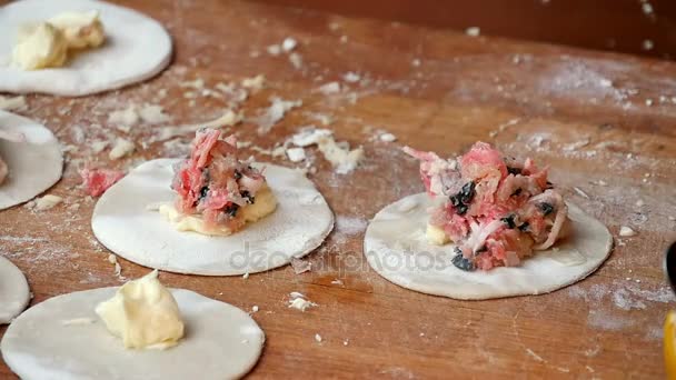 Matlagning hemlagad dumplings med skaldjur — Stockvideo