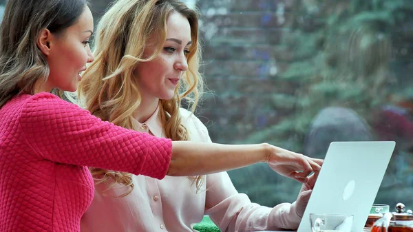 Due wemen in caffè utilizzando il computer portatile e parlando — Foto Stock