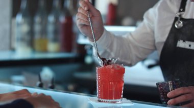 Barmen kokteyl kırmızı alkollü kokteyl meyveleri ile dekorasyon