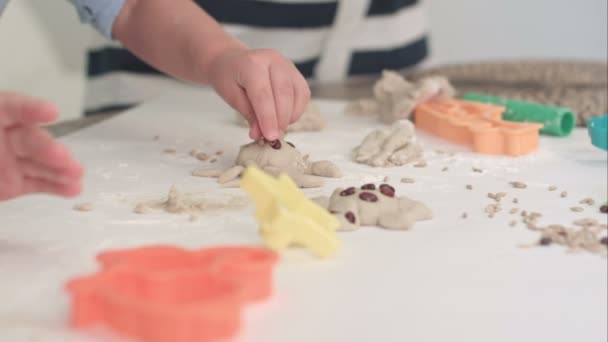 Mother helping little boys to make animal cookies — Stock Video