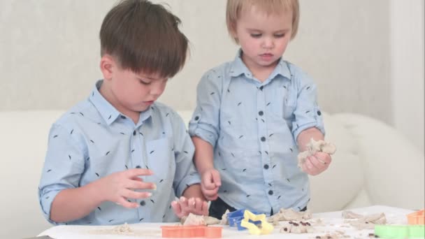 Dos niños pequeños jugando con la masa y aprendiendo a hornear — Vídeos de Stock