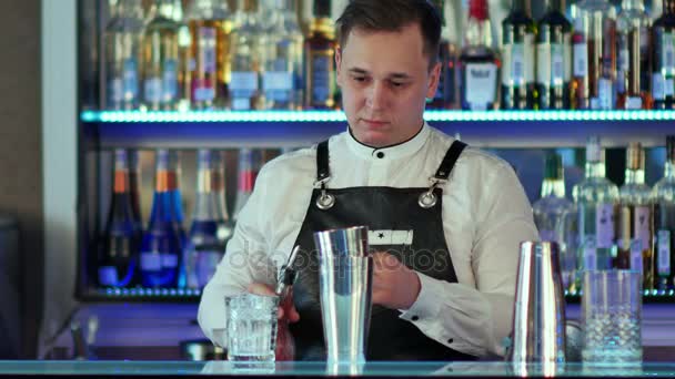 Csapos teszi egy koktélt a bárban, a shaker egy üveg önti — Stock videók