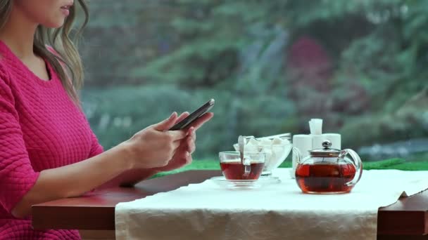 Donna che utilizza il telefono cellulare e bere tè nel caffè — Video Stock