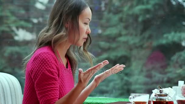 Dos mujeres enojadas hablando sobre una taza de té — Vídeos de Stock