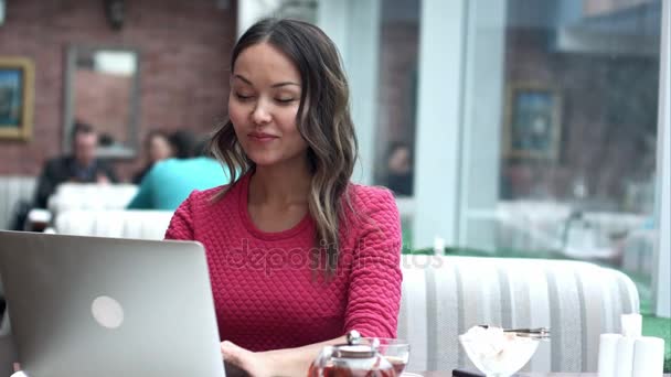 여자는 카페에 있는 영상 통화를 통해 비즈니스 회의 — 비디오