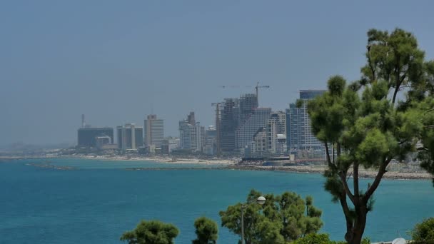 TEL AVIV, ISRAEL - 28 MAY 2017: Tel Aviv beach coast with a view of the sea and skyscrapers — Stock Video