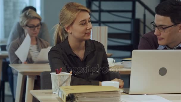 Бизнес-партнеры, работающие на ноутбуке в современном офисе — стоковое видео