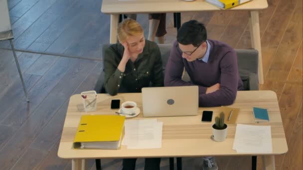 Νεαρό ζευγάρι που εργάζονται μαζί σε ένα φορητό υπολογιστή στο γραφείο — Αρχείο Βίντεο