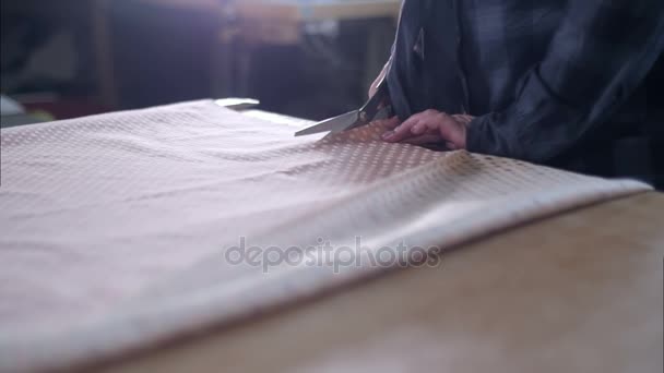 Tailor cutting fabric with scissors — Stock Video