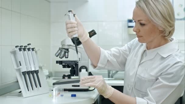 Transferencia química de la sustancia química que se diluyó en tubo de ensayo en cubeta mediante pipeta automática para su ensayo — Vídeo de stock