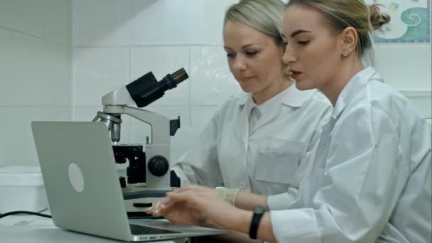 Dos jóvenes científicos positivos que trabajan en laboratorio con microscopio y portátil — Vídeo de stock