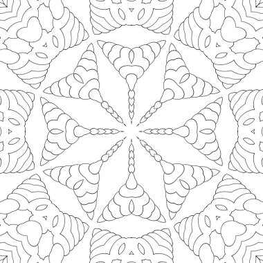 Çocuklar ve yetişkinler için basit boyama sayfası. Kusursuz desen, simetrik süs, mandala, renkler için kaleydoskop. Tasarım çalışması için şablon.