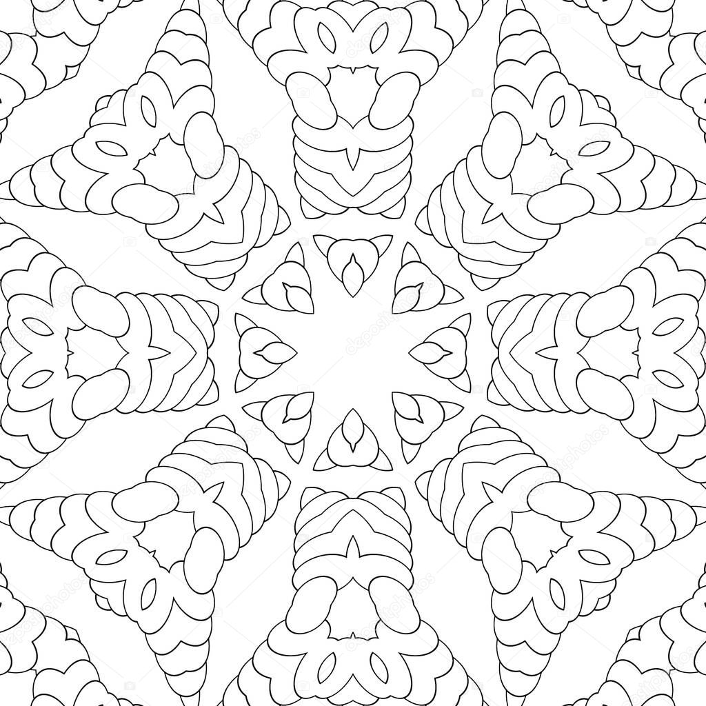 Seamless pattern, symmetric ornament, mandala, kaleidoscope for coloring. Coloring book for kids and adults. Template for design work.