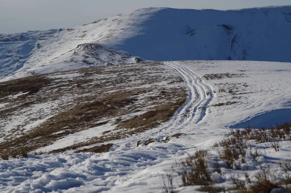 Huellas de paisaje invernal de Carpatian en la nieve — Foto de Stock