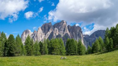 Yoldan görüldüğü gibi Passo Costalungo, Dolomites, Vigo di Fassa, Val di Fassa, Trentino, Alto Adige, South Tyrol, İtalya için Catinaccio dağ massif