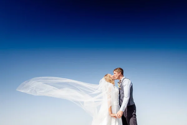 Newly married couple.wind lifting long white bridal veil — Stock Photo, Image