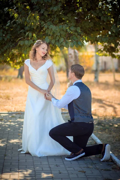 Elegante bruid en bruidegom poseren samen buiten trouwdag — Stockfoto