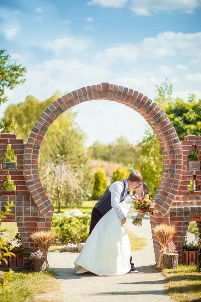 Noiva e noivo andando no parque, sorrindo beijando — Fotografia de Stock